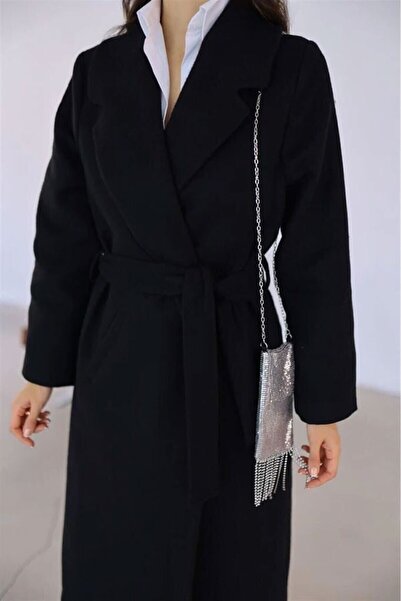 LİMABEL Black Belted Long Stamp Winter Coat (Full Fit) New Season
