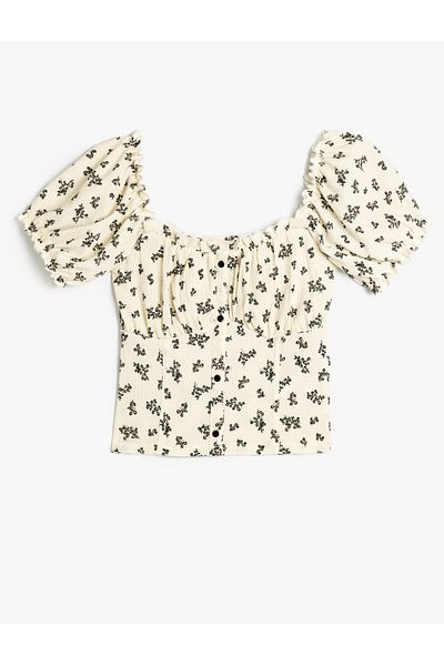 Koton U-Neck Crop Blouse - Balloon Sleeve, Wrapped Flowers and Buttons