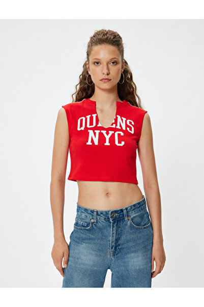 Koton Crop Üst V Yaka Slogan Baskılı Kolsuz Slim Fit