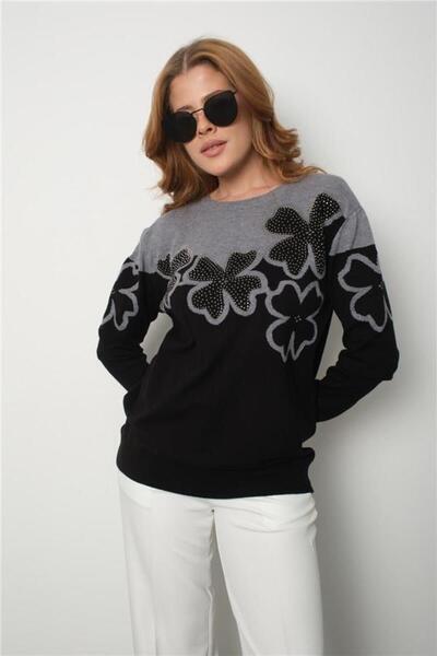 Clothes Fast Women's Gray Two-Tone Jewelled Crew Neck Knit Blouse