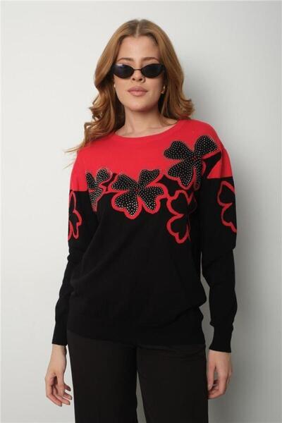 Clothes Fast Women's Red Two-Tone Jewelled Crew Neck Knit Blouse