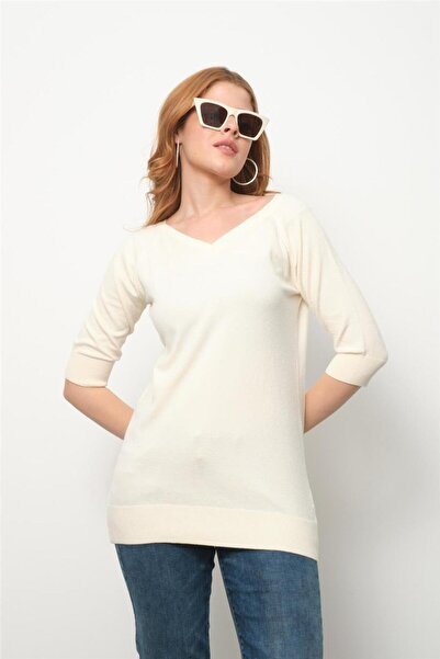 Clothes Fast Women's Beige Raglan Sleeve V-Neck Sweater