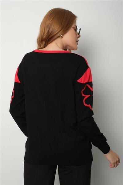 Clothes Fast Women's Red Two-Tone Jewelled Crew Neck Knit Blouse