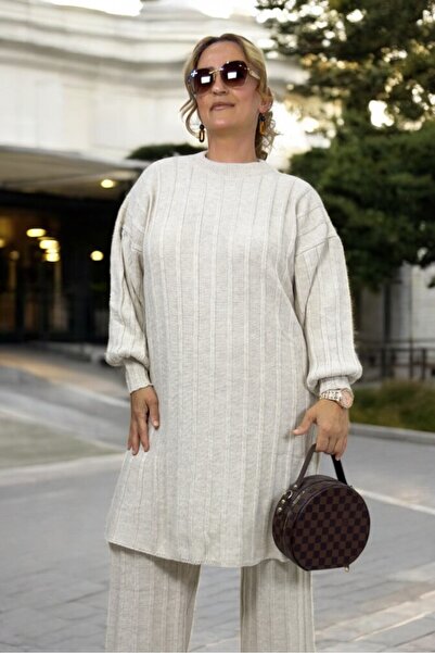 yagmurberen Low Balloon Sleeve Stripe Knitted Tunic Waist Elastic Pants Large Size Winter Knit Set