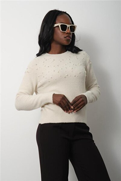 Moda Days Bluză de damă crem din tricot cu pietre și perle