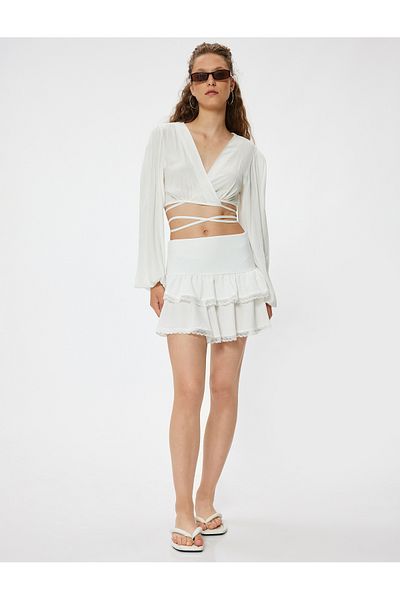 Koton Frilly Mini Skirt, Wrap-Tie, Elastic Waist, Lace Detail