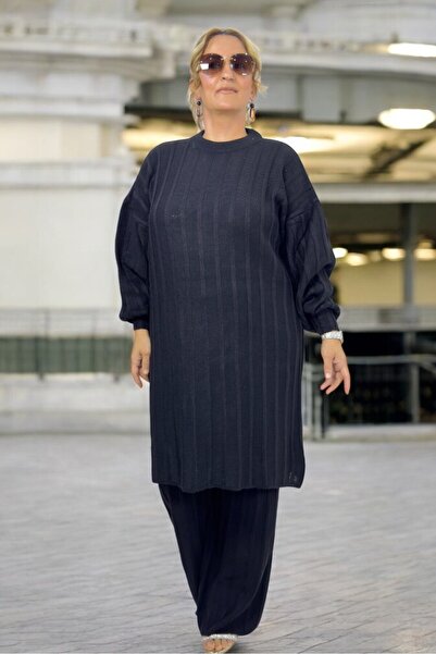 yagmurberen Low Balloon Sleeve Stripe Knitted Tunic Waist Elastic Pants Large Size Winter Knit Set