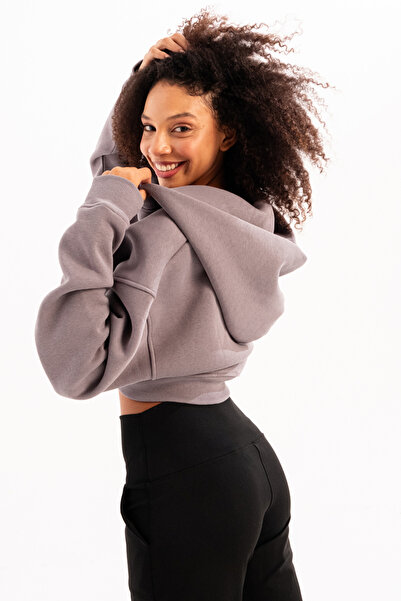 JUSTEVER Gray Women's Sweatshirt - Crop Hooded, Zippered and Kangaroo Pocket Raster Hoodie - Lumen