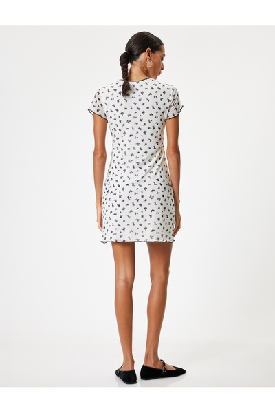 Koton A-line Mini Dress - Floral, Short Sleeve, Bow Detail, U Collar