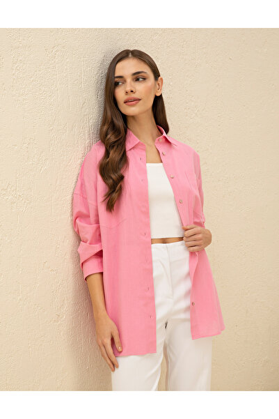 Pierre Cardin Keten Karışımlı Pembe Oversize Gömlek 50292038-VR041