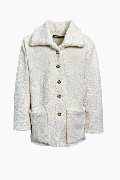 VAGGON Women's Beige Double Pocket Buttoned Front Shawl Collar Plush Jacket Prm1183