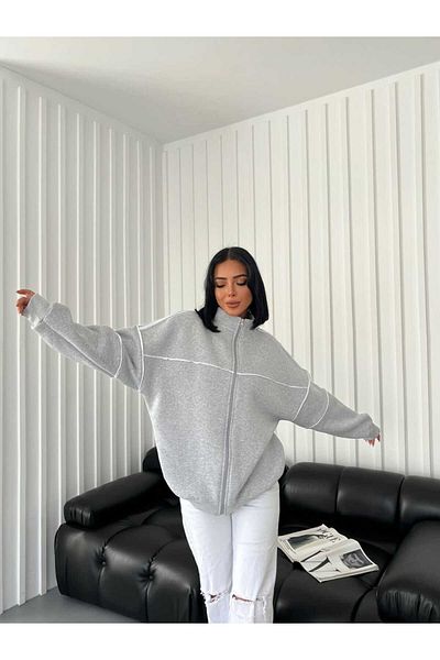SERBA Three Thread Zippered Striped Oversize Women's Coat
