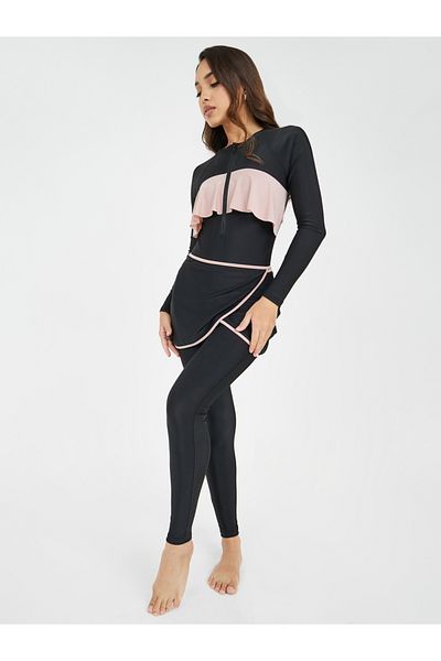Styli Pack of 3 - Ruffled Zip Up Top, Contrast Edge Wrap Skirt & Leggings Burkini