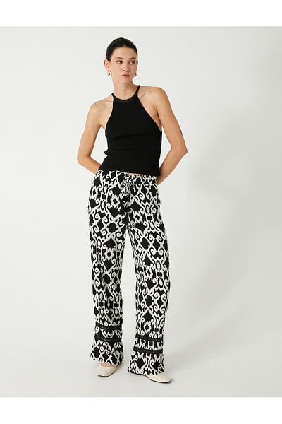 Koton Ethnic Patterned Viscose Trousers - Pockets and Waist Ties