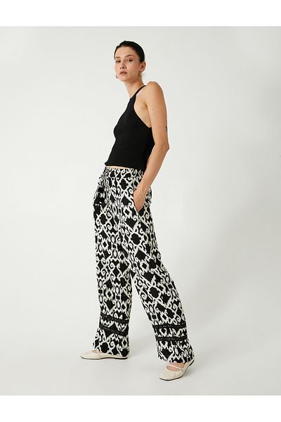 Koton Ethnic Patterned Viscose Trousers - Pockets and Waist Ties