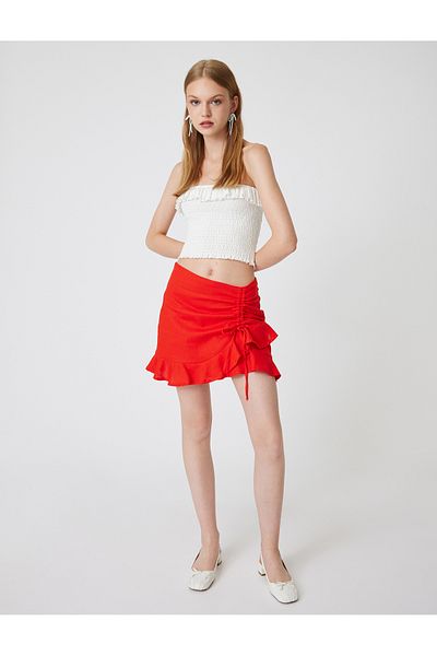 Koton Linen Slim Fit Mini Skirt with Ruffles and Bow Detail