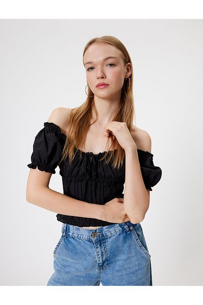 Koton Boat Neck Crop Blouse - Elastic, Short Sleeve, Slim Fit, Lace Detailed