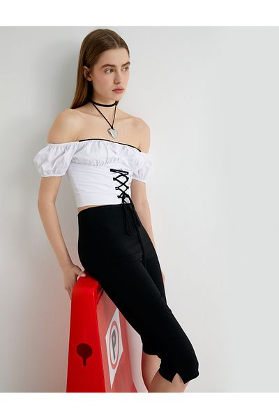 Koton Popeline-Bluse – schulterfrei, Schleifendetail, Herzkragen und Schleife vorne