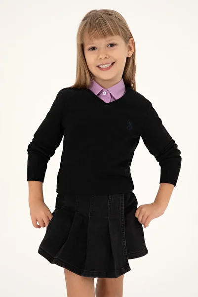 U.S. Polo Assn. Girl's Black V-Neck Basic Sweater 50294198 -Vr046