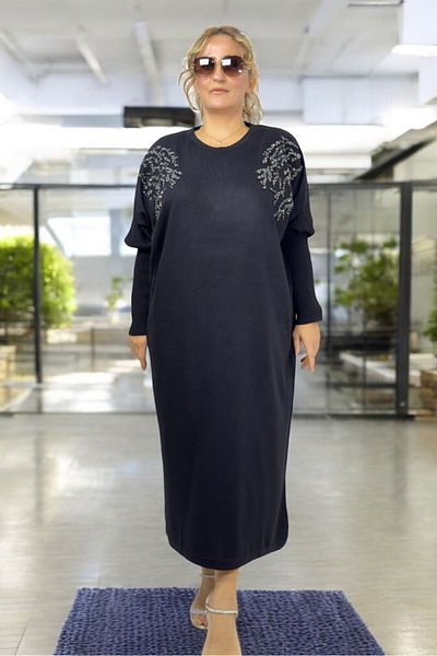 yagmurberen Stone Embroidered Tree Splave Patterned Low Sleeve Extra Large Size Knitwear Dress