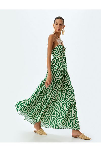 Koton Sommerkleid aus Baumwolle mit geometrischem Muster – langer Neckholder, Fensterdetail