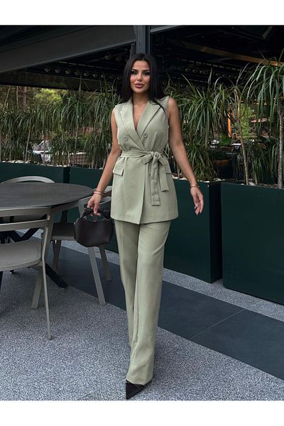 pembekurdelem Khaki Women's Vest and Trousers Set - Belted
