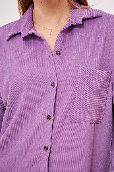 armonika Női lila túlméretezett vékony kordbársony ing zsebekkel ARM-24K001076