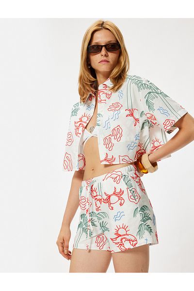 Koton Cotton Embroidered Mini Shorts - Comfortable Fit, Pocket and Waist Tie