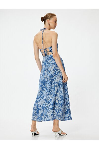 Koton Çiçekli Boyundan Bağlamalı Elbise Midi Boy Keten Karışımlı Cepli