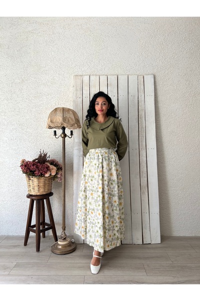 KÜÇÜĞÜM BUTİK Green Azalea Flower Poplin Flared Skirt