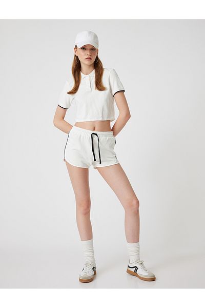 Koton Lace-Up Waist and Ribbed Pocket Mini Shorts - Slogan Embroidered