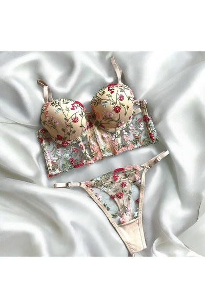 ARMOLA Ten Çiçek Desenli Destekli, Balenli, Bralet, Kap Sütyen Takımı
