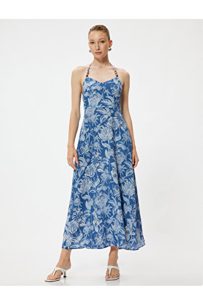 Koton Çiçekli Boyundan Bağlamalı Elbise Midi Boy Keten Karışımlı Cepli