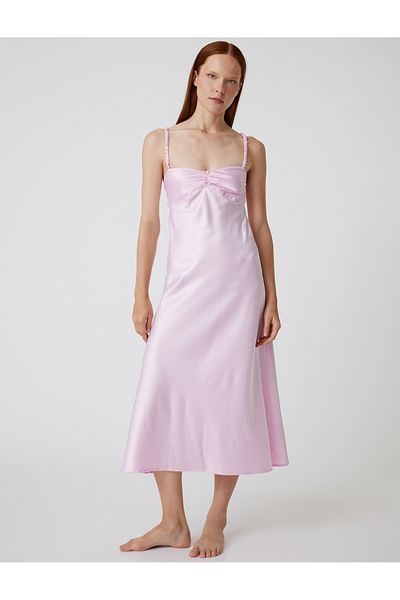 Koton Langes Satin-Nachthemd mit Trägern, drapiert, detailliert, bequeme Passform