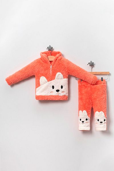 TRENDİMİZBİR Orange Embroidered Baby Girl Welsoft Set - Bear Model