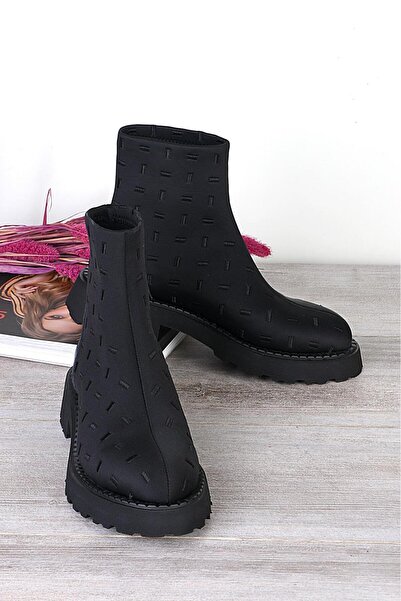 ss shoe & schuh İşlemeli Scuba Kumaş Astar Hakiki Deri Kadın Bot Topuk Boyu 4 Cm 20797