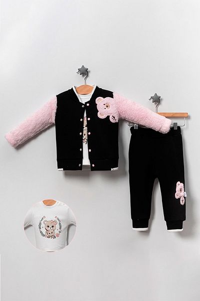 TRENDİMİZBİR Baby Girl Teddy Bear Patterned Triple Set - Black/Pink