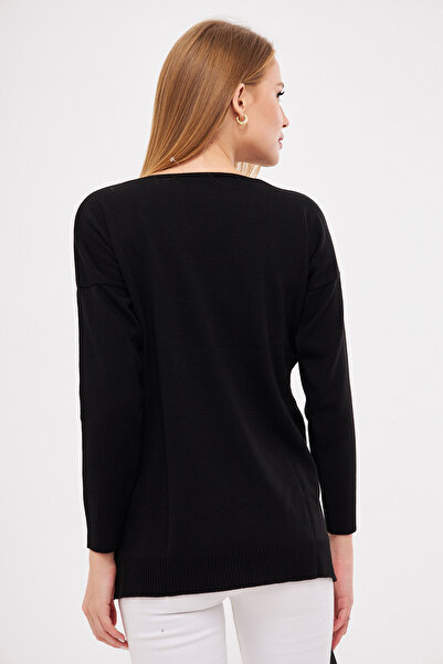 armonika Women's Black V-Neck Front Short Rear Long Knitwear Sweater ARM-22Y012013