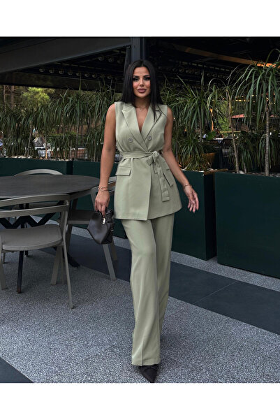 pembekurdelem Khaki Women's Vest and Trousers Set - Belted