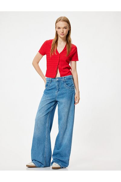 Koton Textured Short Sleeve Blouse - Shirt Collar and Button Detail