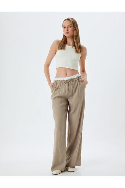 Koton Wide Leg Trousers with Pockets and Tie-up Double Waist Detail