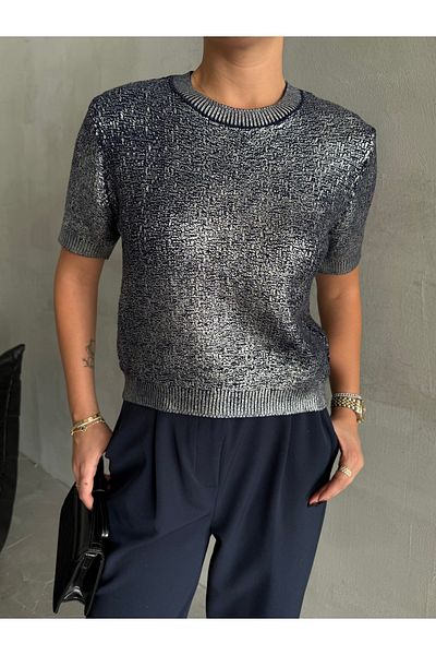 Laluvia Pletená halenka Aurora Silver Leaf s krátkým rukávem v námořnické modré