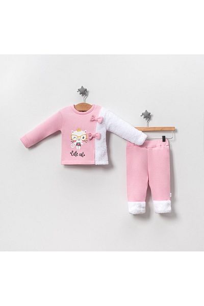 TRENDİMİZBİR Pink Baby Girl Crowned Cute Cat Double Set