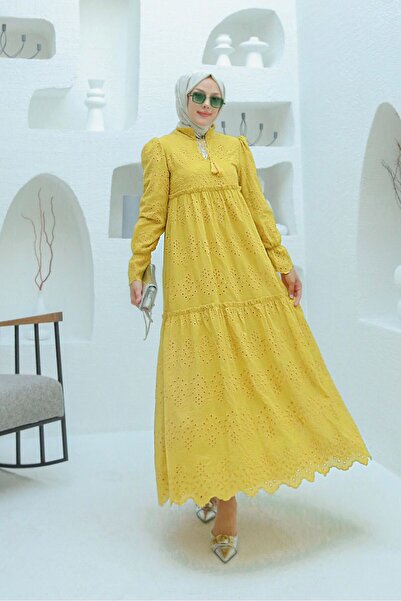 PİNK FLY الخردل التطريز شرابة مفصلة الدانتيل متابعة فستان حجاب طويل المرأة