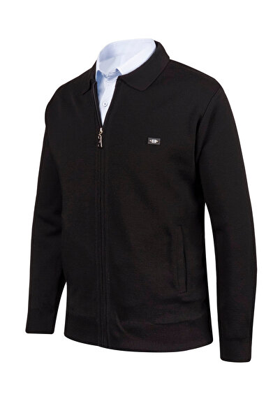 Çizgi Triko Ανδρικό πλεκτό με γιακά πόλο με επένδυση μαύρο παλτό με φερμουάρ Πλεκτό από ατσάλι