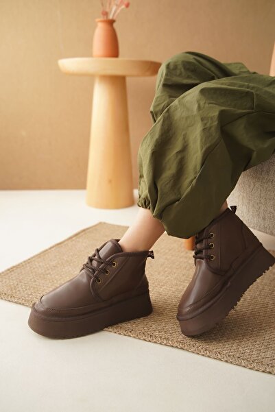 GOFFSHOES Kadın Pastor Kürklü Kısa Bot - Kahve