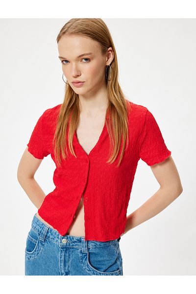 Koton Textured Short Sleeve Blouse - Shirt Collar and Button Detail