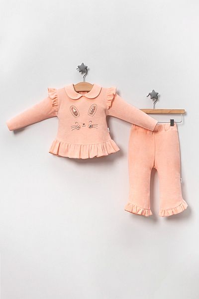 TRENDİMİZBİR Baby Girl Smiley Cat Face Frilly Double Set - Salmon