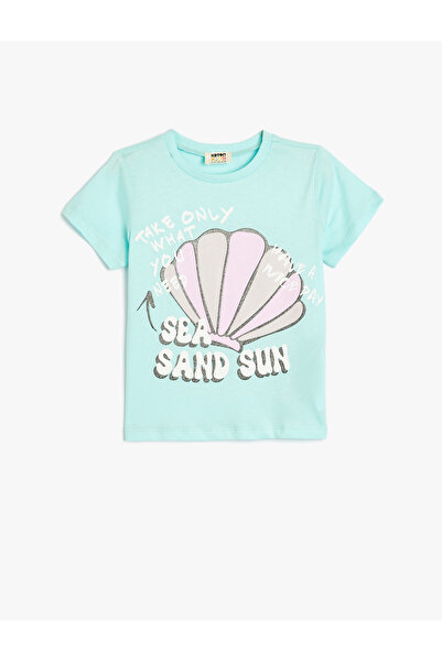 Koton Kurzärmliges T-Shirt aus Baumwolle mit Muscheldruck und Rundhalsausschnitt