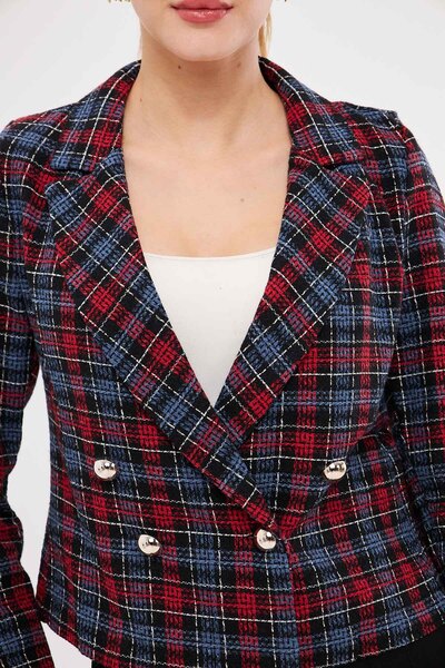 armonika Women's Red Navy Blue Double Breasted Collar Tweed Crop Jacket ARM-24K001014